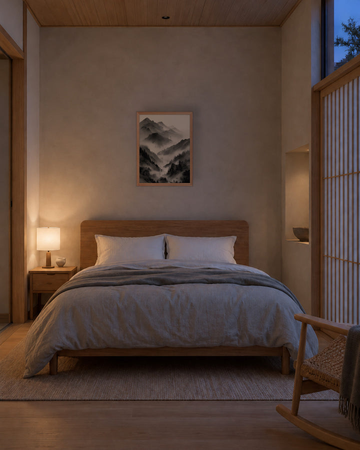 Mist Valley in a Japandi bedroom, 18 × 24 in · Natural frame