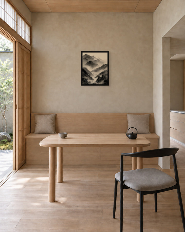 Mist Valley in a Japandi dining room, 16 × 20 in · Black frame