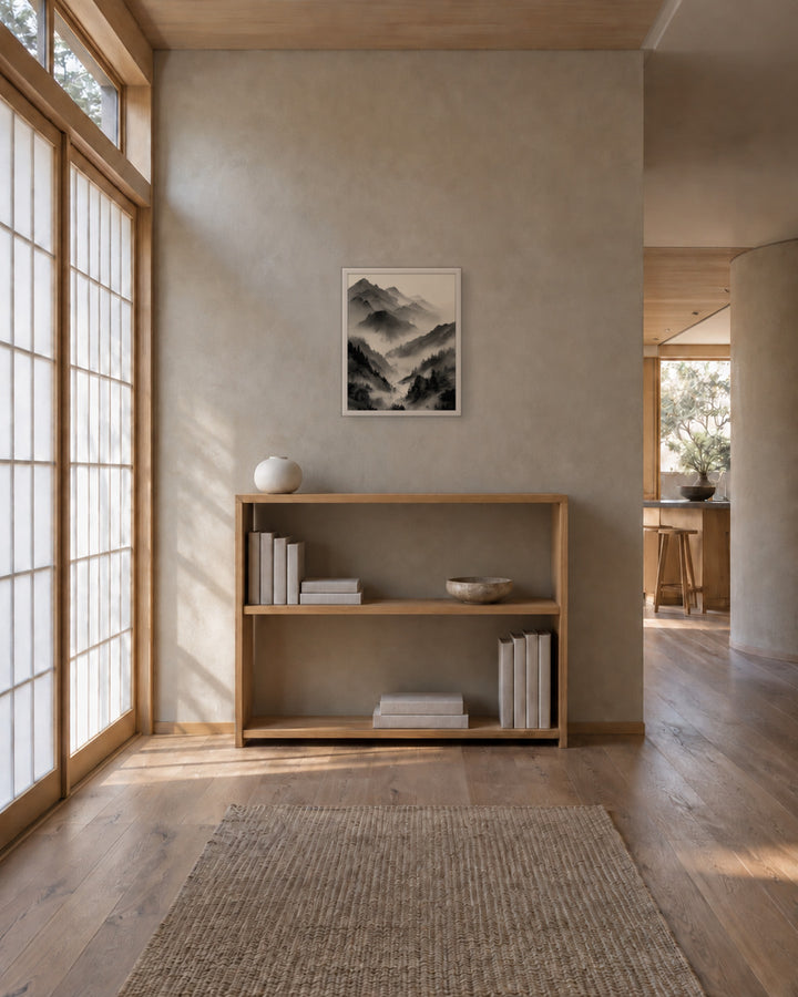 Mist Valley in a Japandi hallway, 16 × 20 in · White frame