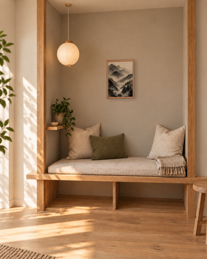 Mist Valley in a Japandi reading nook, 12 × 16 in · Natural frame