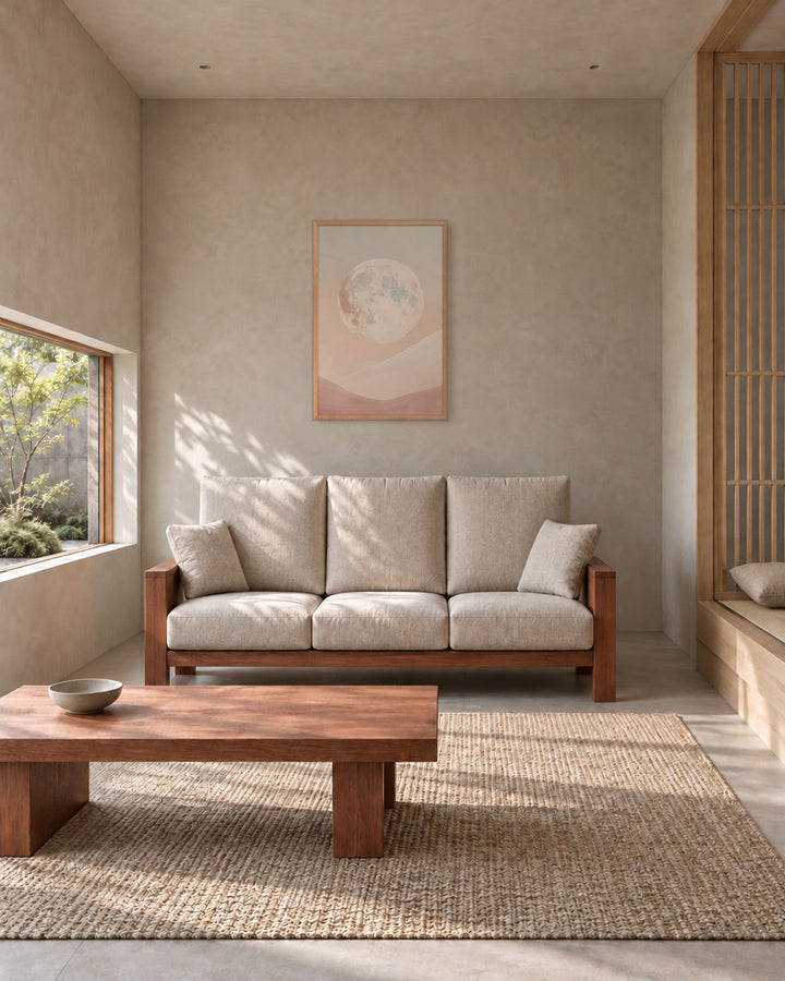 Moon in a Japandi living room, 24 × 36 in · Natural frame
