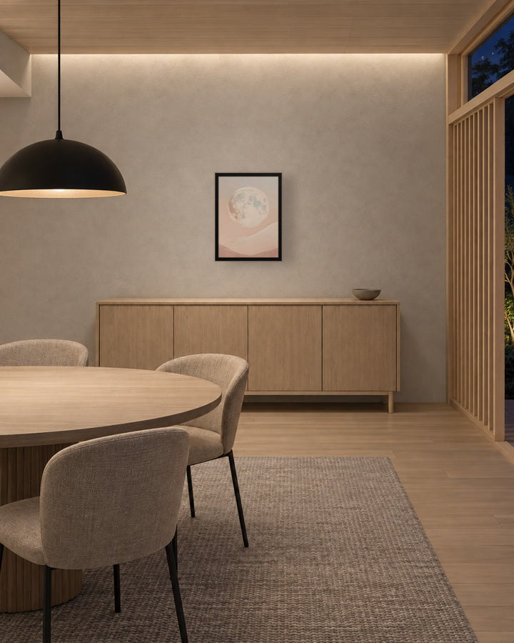 Moon in a Japandi dining room, 18 × 24 in · Black frame