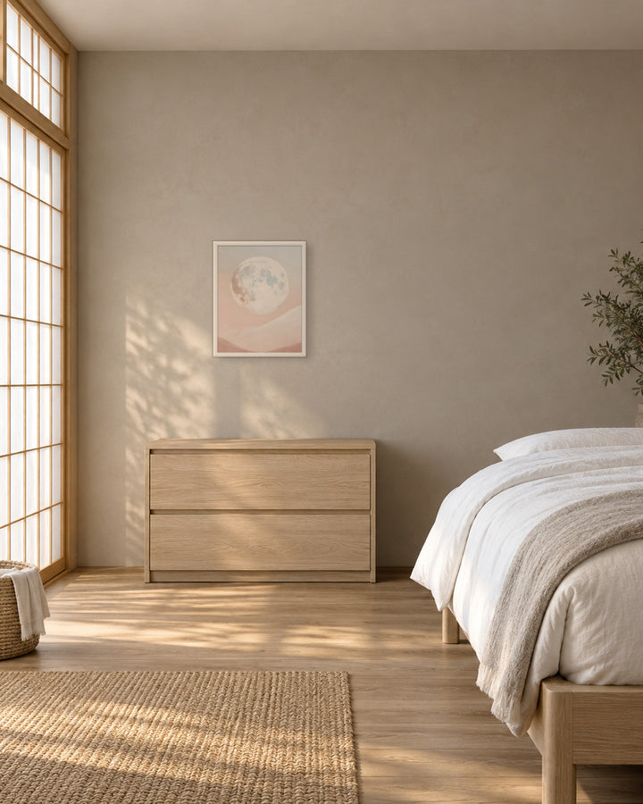 Moon in a Japandi bedroom, 16 × 20 in · White frame