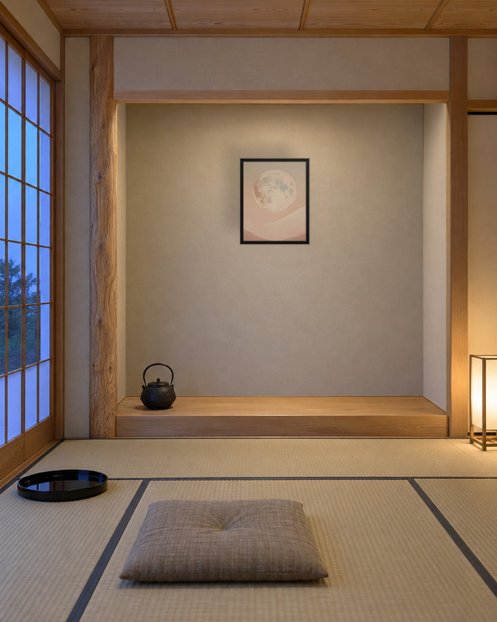 Moon in a Japandi tokonoma, 16 × 20 in · Black frame