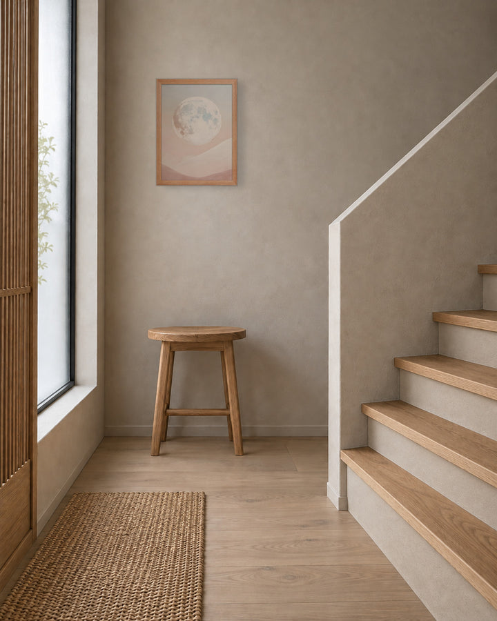Moon in a Japandi stair landing, 12 × 16 in · Natural frame