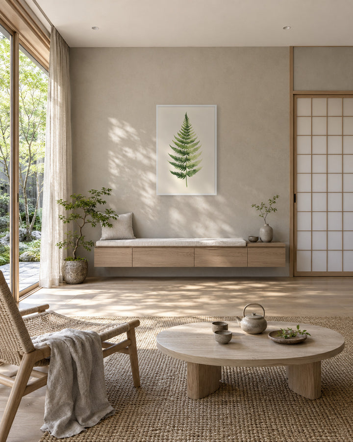 Morning Fern in a Japandi sunroom, 24 × 36 in · White frame