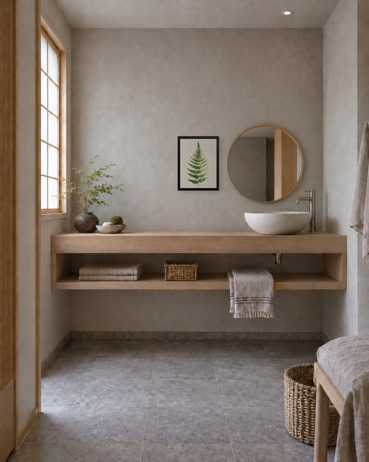 Morning Fern in a Japandi powder room, 12 × 16 in · Black frame
