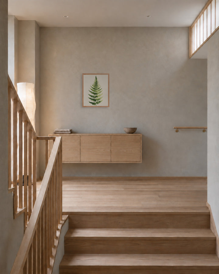 Morning Fern in a Japandi stair landing, 16 × 20 in · Natural frame