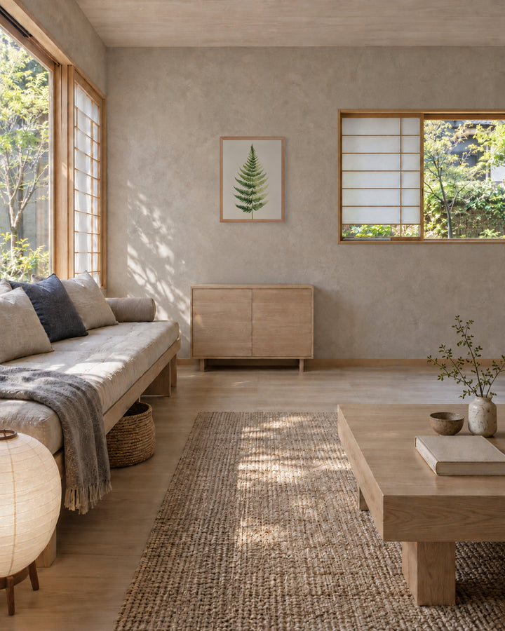 Morning Fern in a Japandi living room, 18 × 24 in · Natural frame