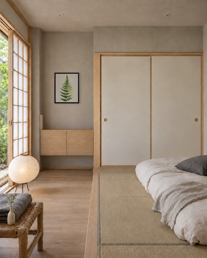Morning Fern in a Japandi guest room, 16 × 20 in · Black frame