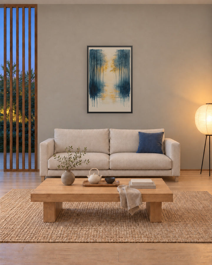 Morning Mist in a Japandi living room, 24 × 36 in · Black frame