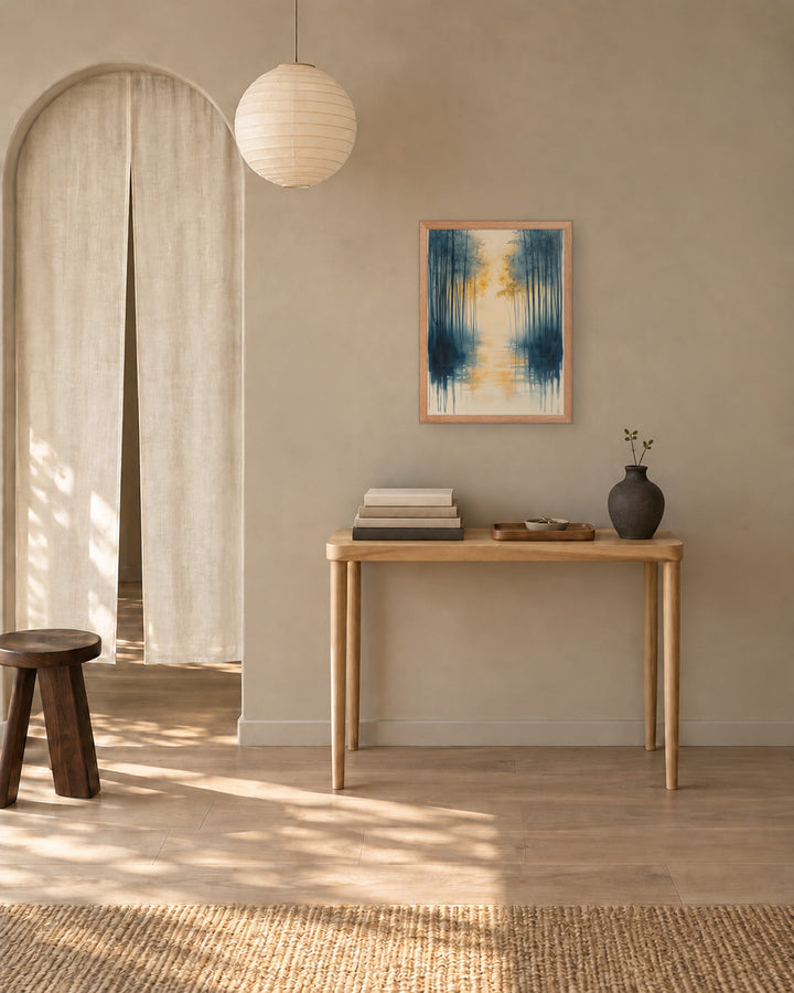 Morning Mist in a Japandi entryway, 18 × 24 in · Natural frame