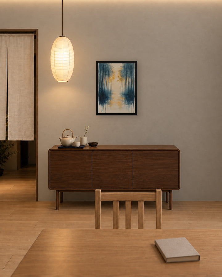 Morning Mist in a Japandi dining room, 18 × 24 in · Black frame