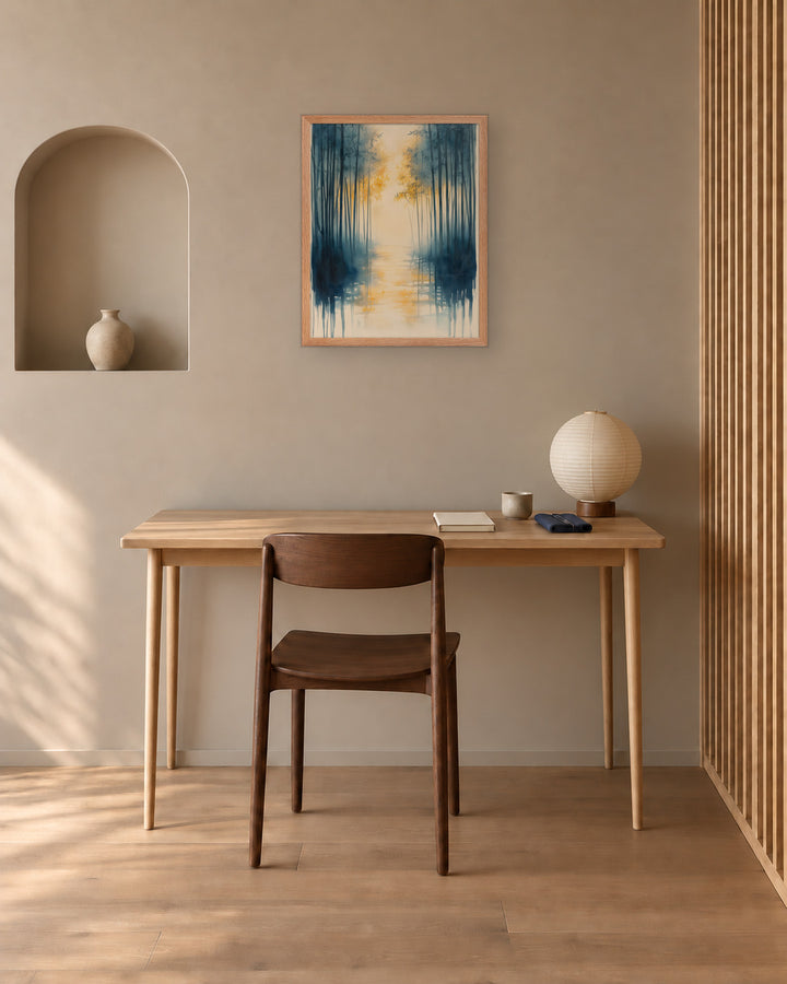 Morning Mist in a Japandi home office, 16 × 20 in · Natural frame