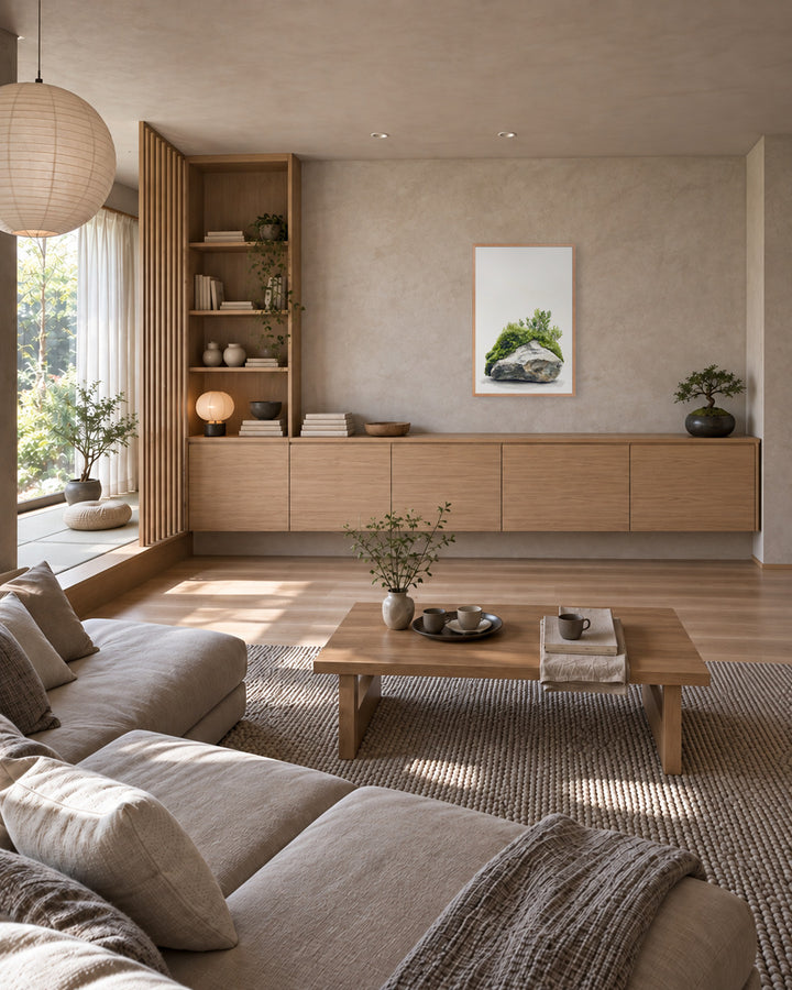 Moss and Time in a Japandi living room, 24 × 36 in · Natural frame