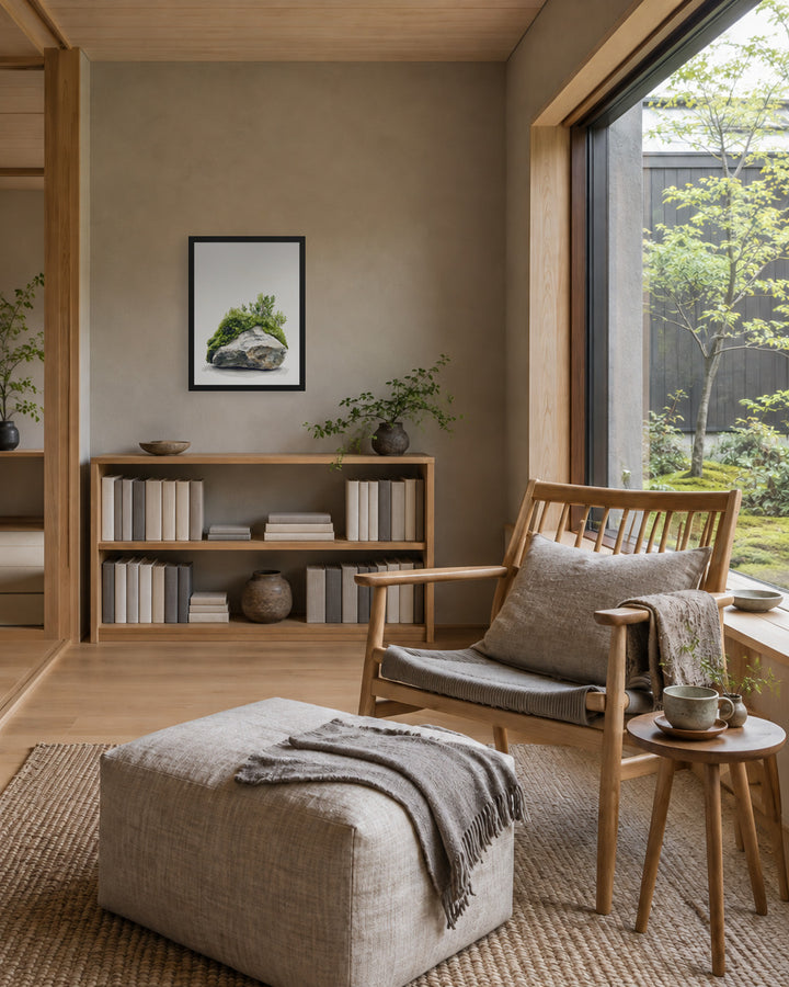 Moss and Time in a Japandi reading nook, 18 × 24 in · Black frame