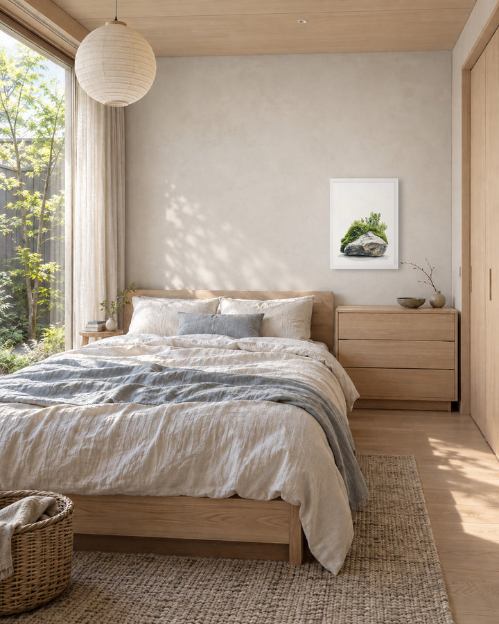 Moss and Time in a Japandi bedroom, 18 × 24 in · White frame