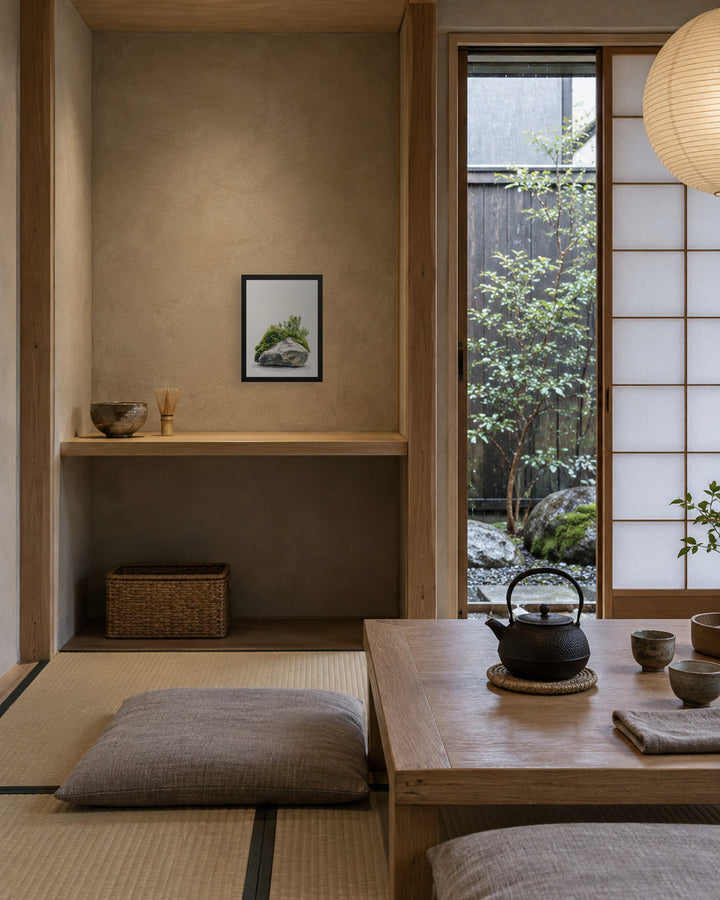 Moss and Time in a Japandi tea room, 12 × 16 in · Black frame