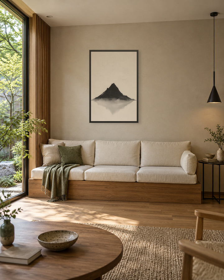 Mountain Breath in a Japandi living room, 24 × 36 in · Black frame