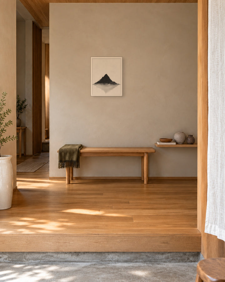 Mountain Breath in a Japandi entryway, 16 × 20 in · White frame