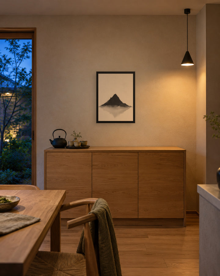 Mountain Breath in a Japandi dining room, 18 × 24 in · Black frame