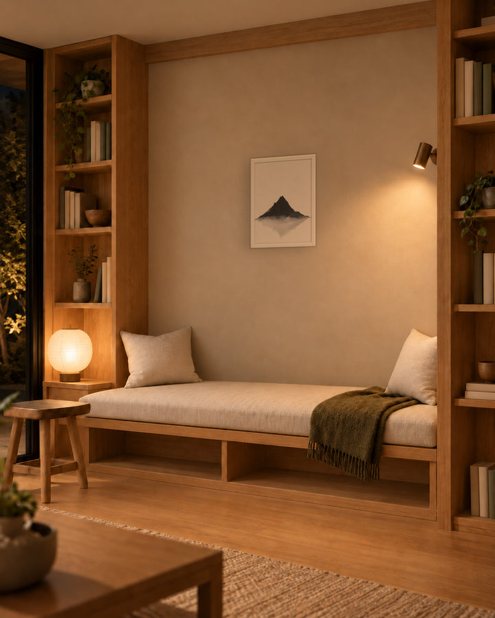 Mountain Breath in a Japandi reading nook, 12 × 16 in · White frame