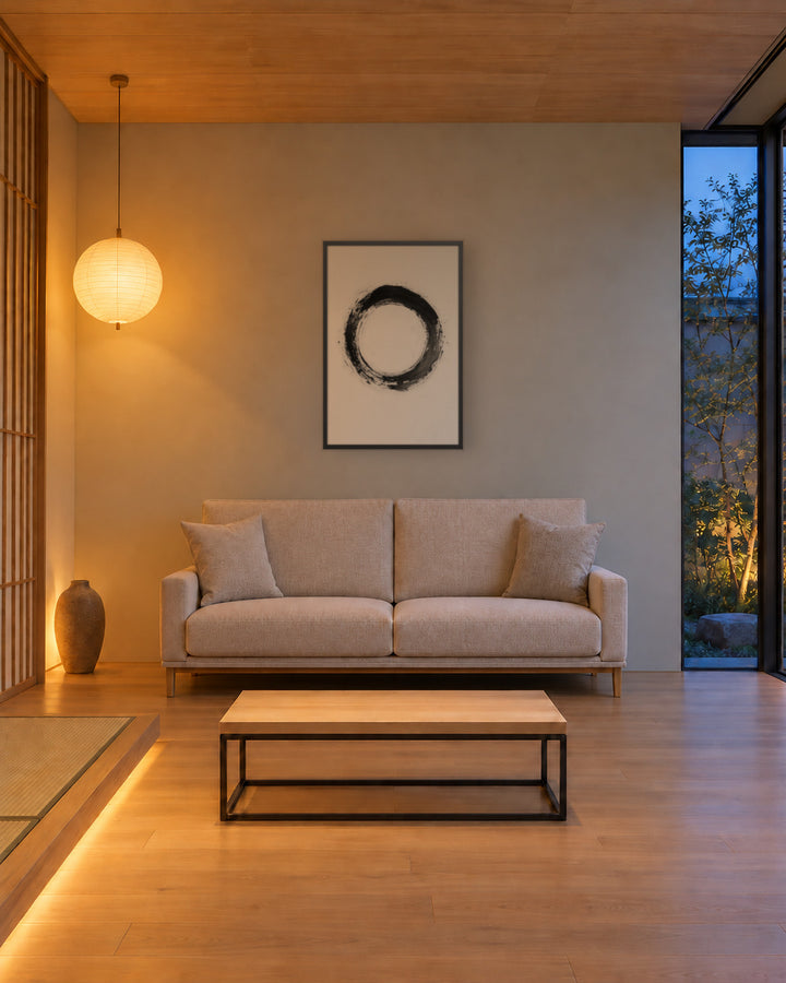 One Stroke in a Japandi living room, 24 × 36 in · Black frame