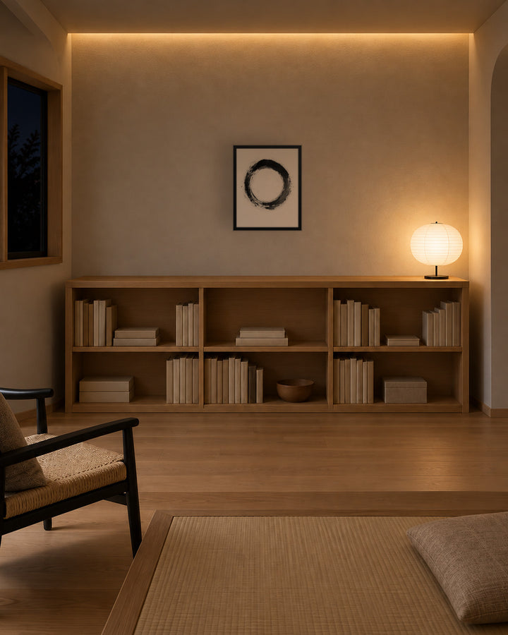 One Stroke in a Japandi study, 16 × 20 in · Black frame