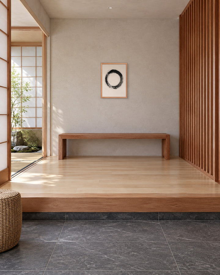 One Stroke in a Japandi entryway, 18 × 24 in · Natural frame