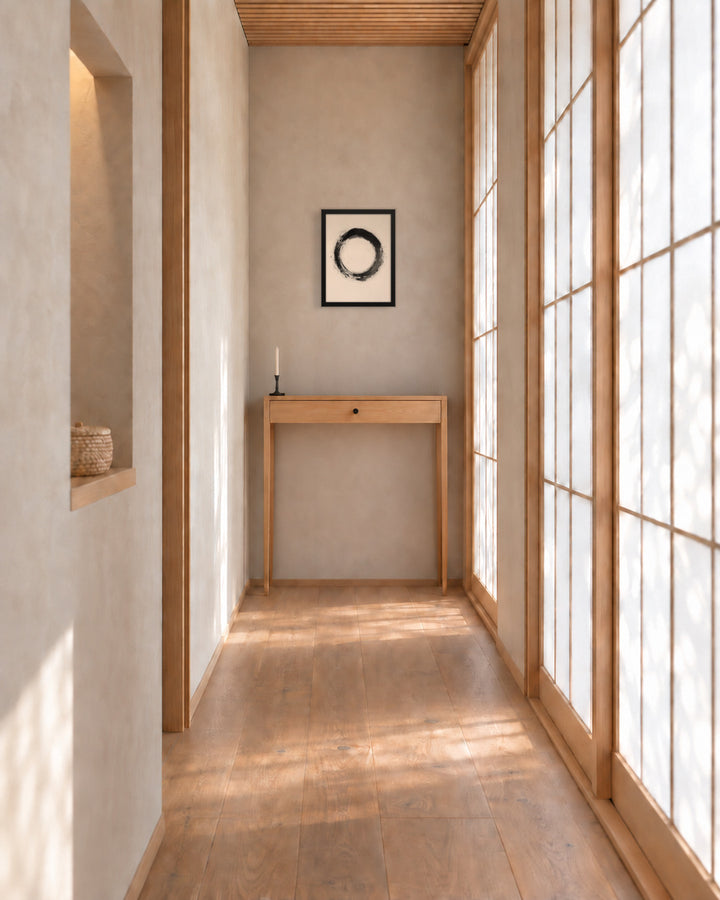 One Stroke in a Japandi hallway, 12 × 16 in · Black frame