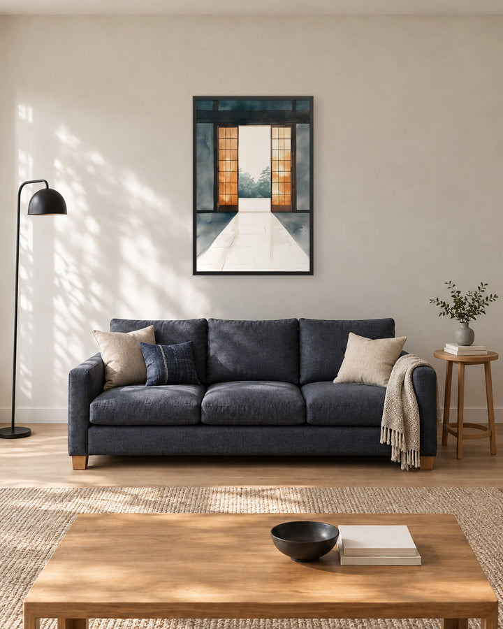 Open Door in a Japandi living room, 24 × 36 in · Black frame