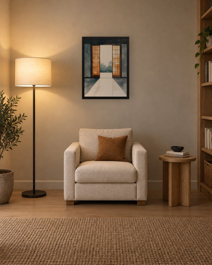 Open Door in a Japandi reading corner, 18 × 24 in · Black frame