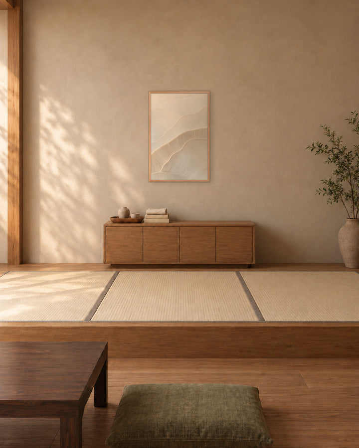 Paper Grain in a Japandi tatami living room, 24 × 36 in · Natural frame