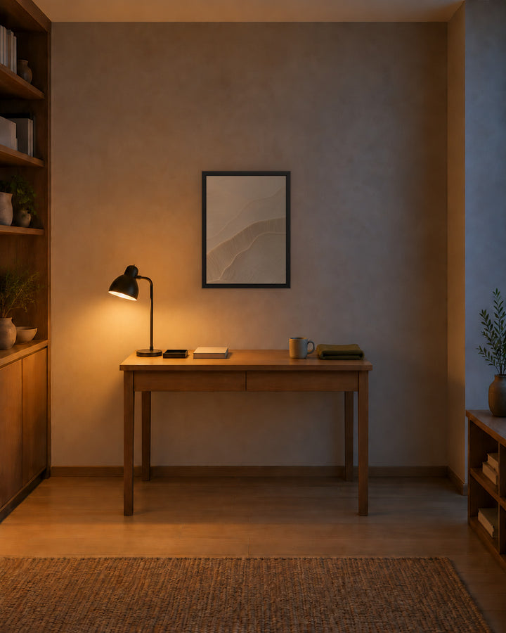 Paper Grain in a Japandi study, 18 × 24 in · Black frame