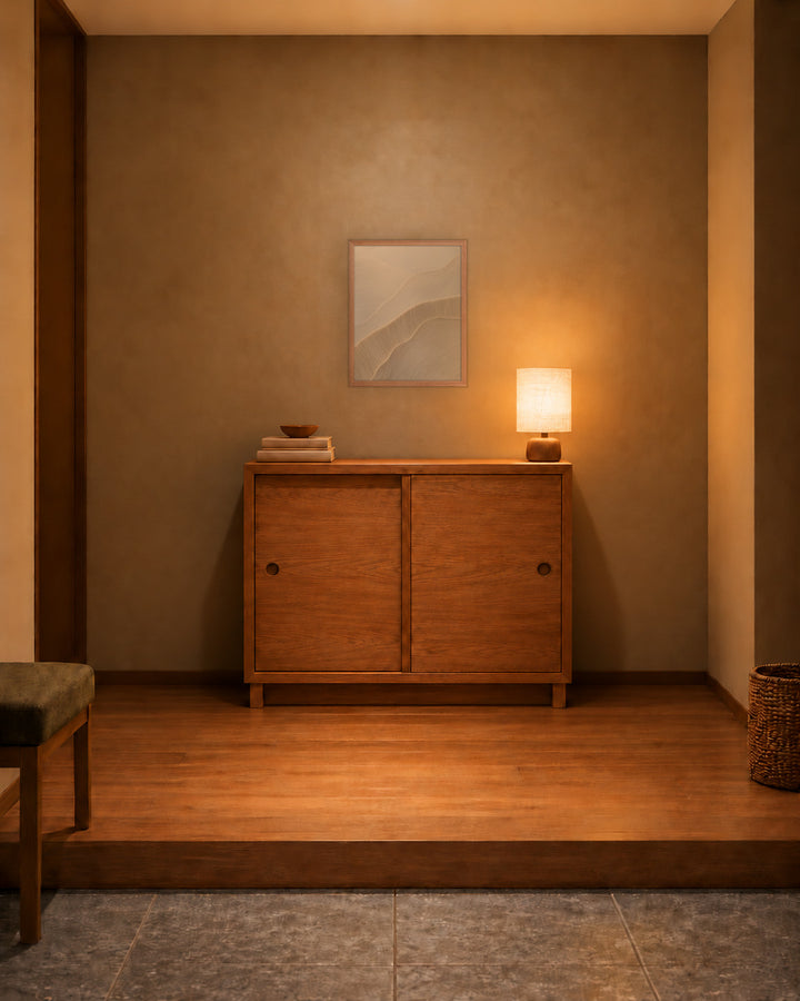 Paper Grain in a Japandi entryway, 16 × 20 in · Natural frame