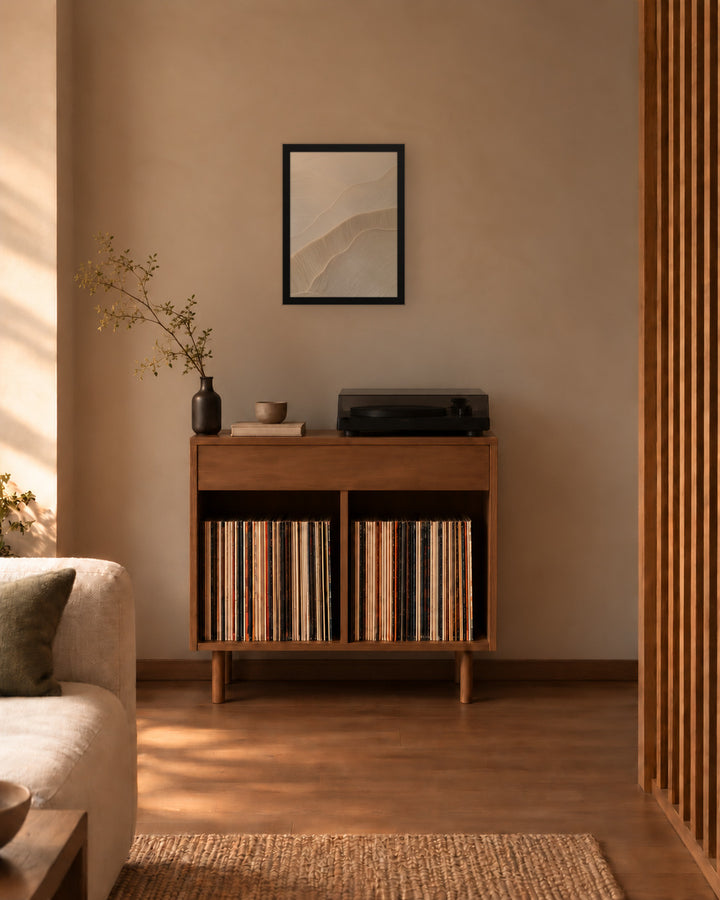Paper Grain in a Japandi living room, 12 × 16 in · Black frame