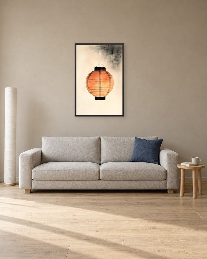 Paper Lantern in a Japandi living room, 24 × 36 in · Black frame