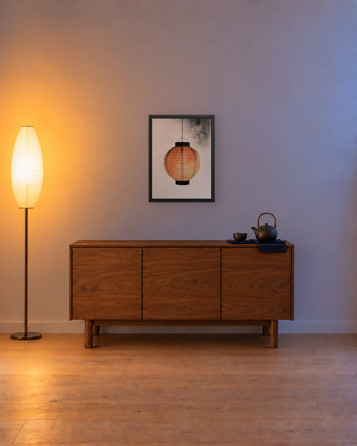 Paper Lantern in a Japandi dining room, 18 × 24 in · Black frame