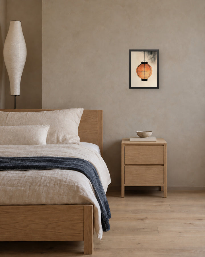 Paper Lantern in a Japandi bedroom, 12 × 16 in · Black frame