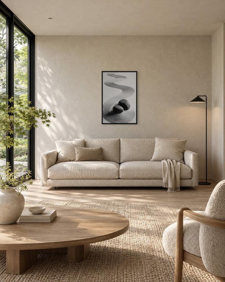Pebble Garden in a Japandi living room, 24 × 36 in · Black frame