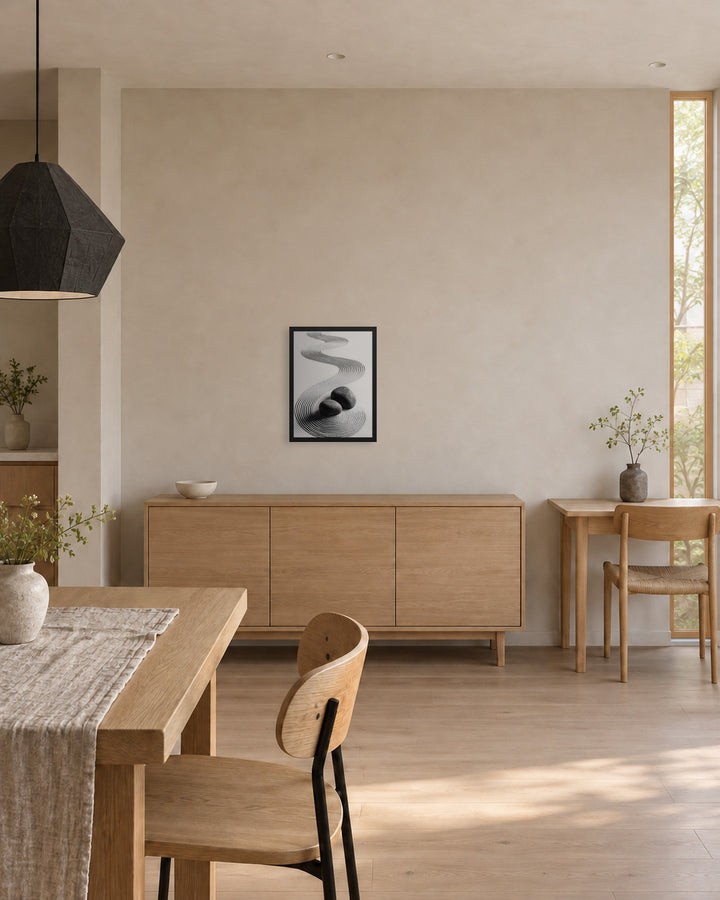 Pebble Garden in a Japandi dining room, 18 × 24 in · Black frame