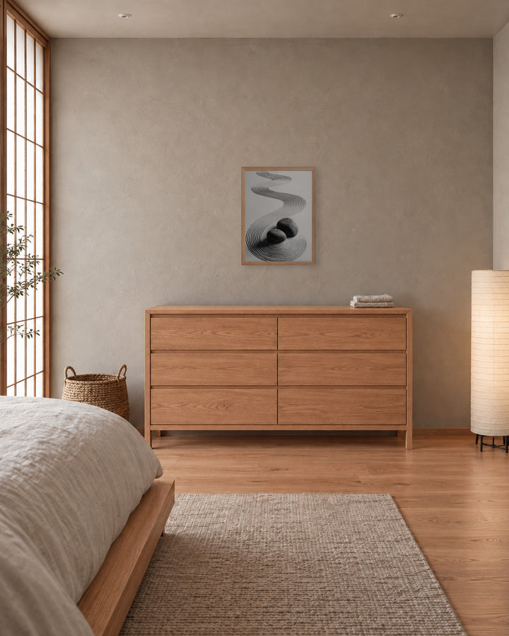 Pebble Garden in a Japandi bedroom, 18 × 24 in · Natural frame