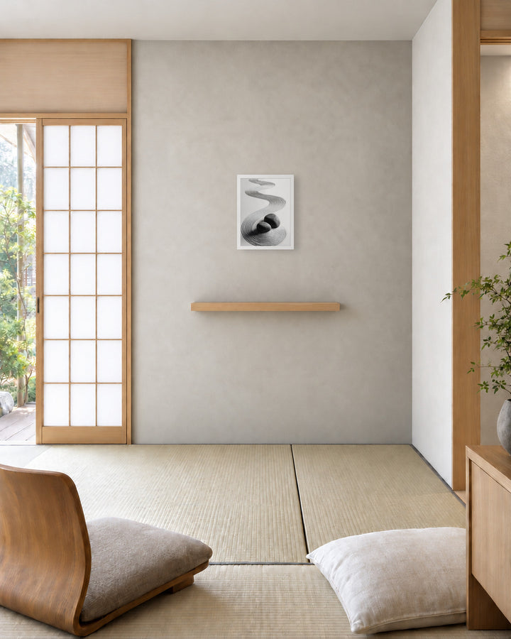 Pebble Garden in a Japandi tatami room, 12 × 16 in · White frame
