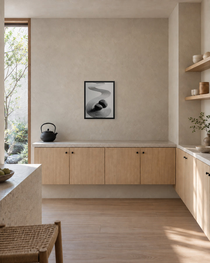 Pebble Garden in a Japandi kitchen, 16 × 20 in · Black frame