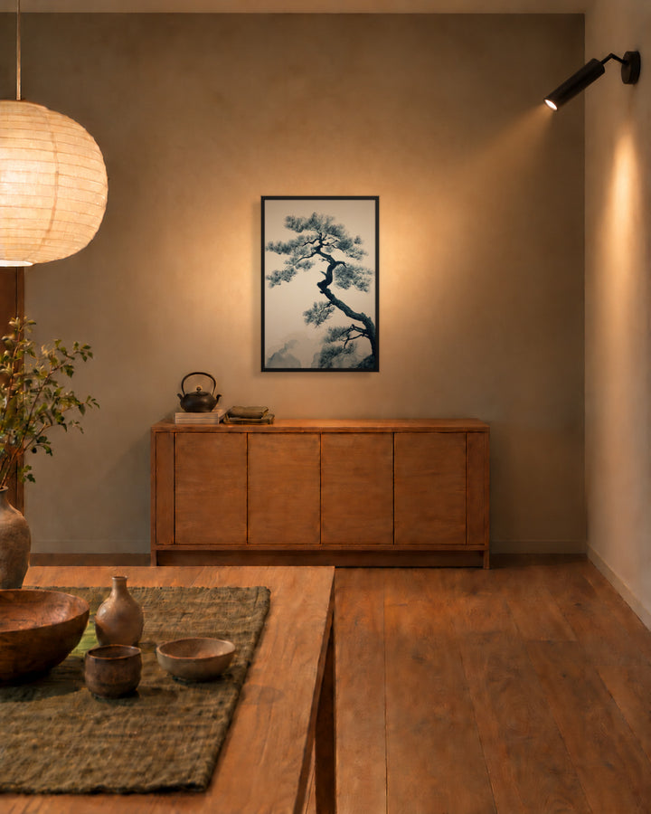 Pine Silhouette in a Japandi dining room, 24 × 36 in · Black frame