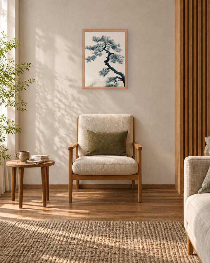 Pine Silhouette in a Japandi reading nook, 18 × 24 in · Natural frame