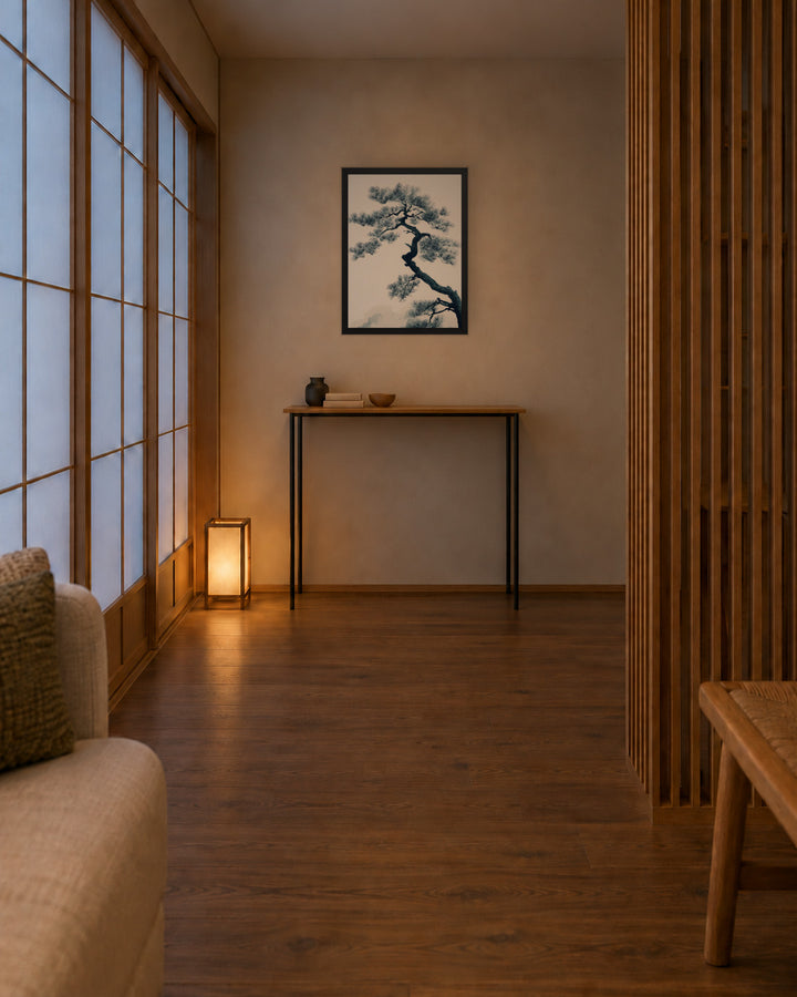 Pine Silhouette in a Japandi hallway, 18 × 24 in · Black frame