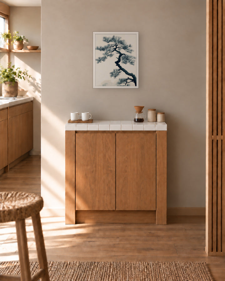 Pine Silhouette in a Japandi coffee corner, 16 × 20 in · White frame