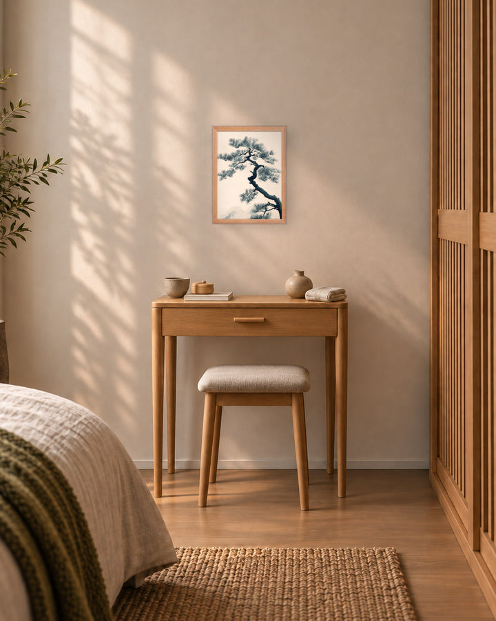 Pine Silhouette in a Japandi bedroom, 12 × 16 in · Natural frame