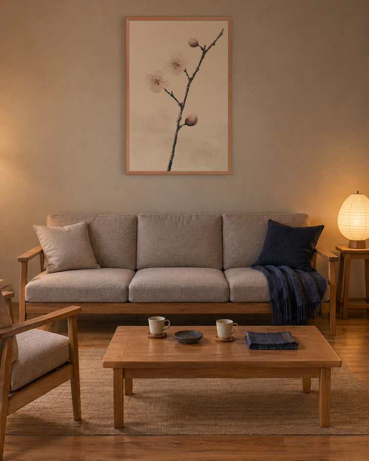 Early Plum in a Japandi living room, 24 × 36 in · Natural frame